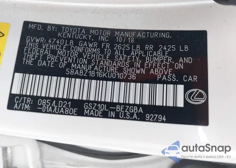 2019 Lexus Es 350 from USA, damaged, VIN 58ABZ1B16KU010736